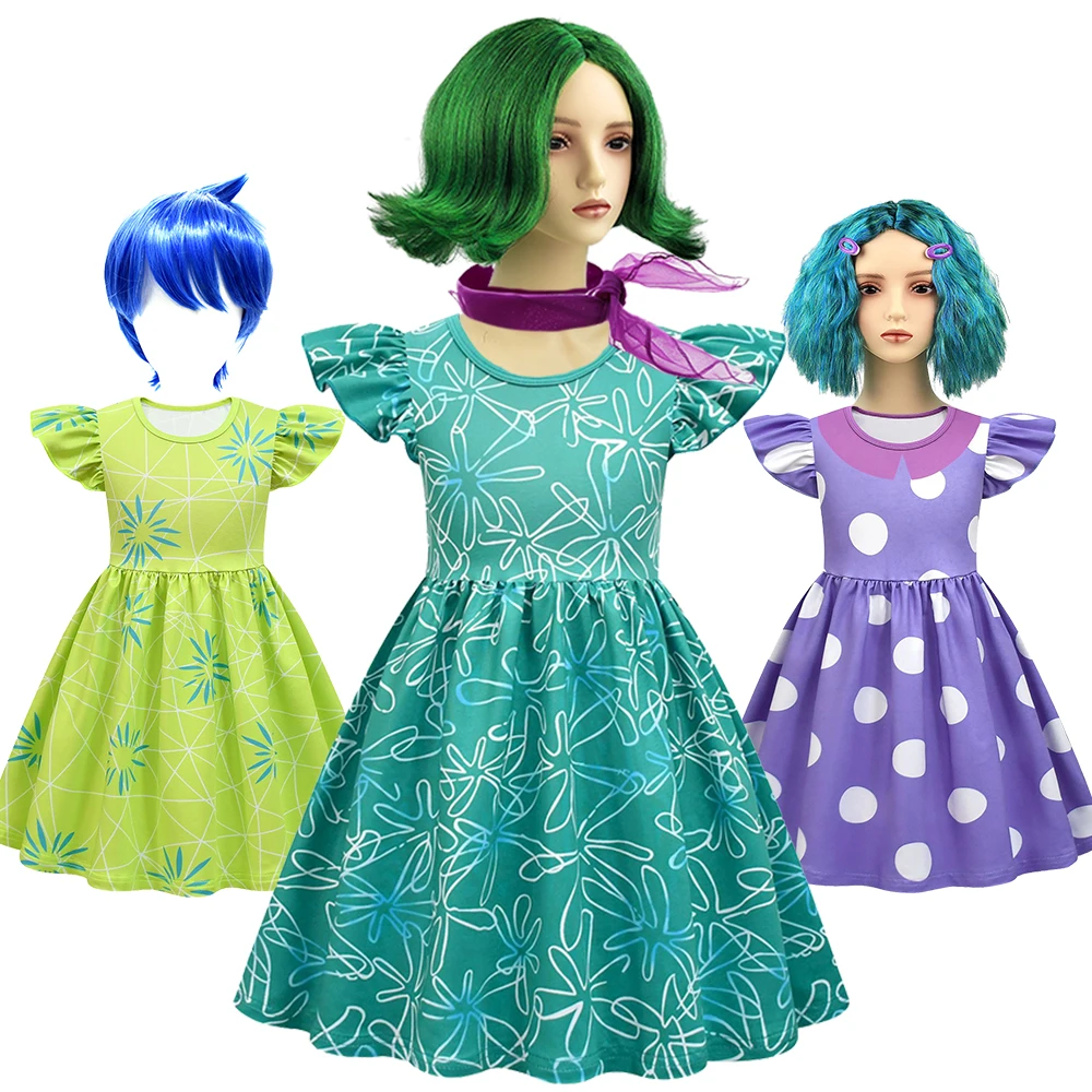 Halloween Carnival Party Inside Out Child Disgust Cosplay Costume Fancy Girls Envy Purple Polka Dot Birthday Dress Joy Dress Up