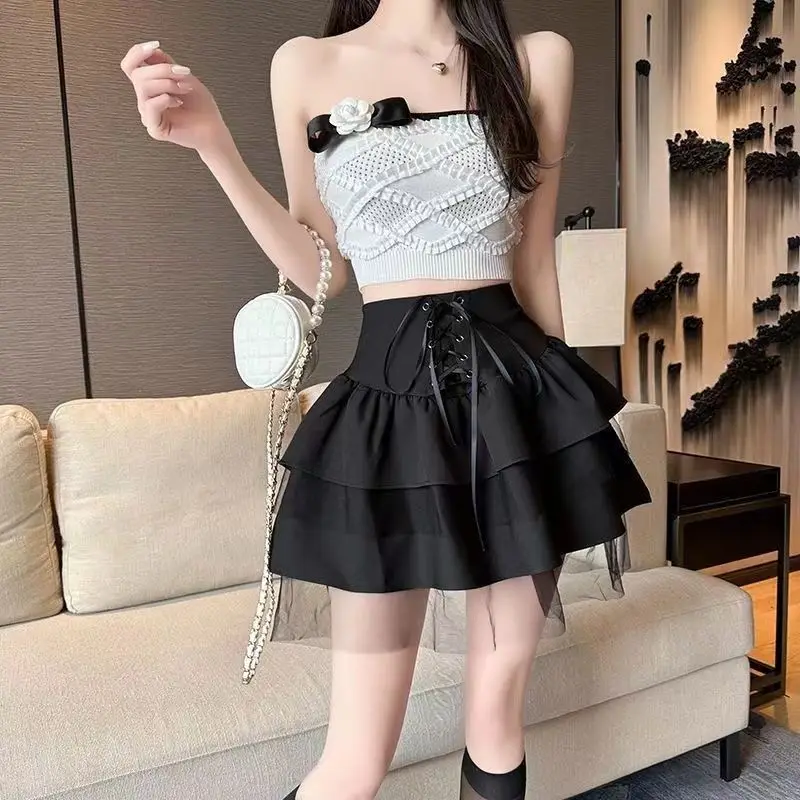 Summer New High Waist Bandage Fluffy Skirt Solid Color All-match Youth Black Fashion Cake Skirt Sweet Y2K Korean Women Clothing