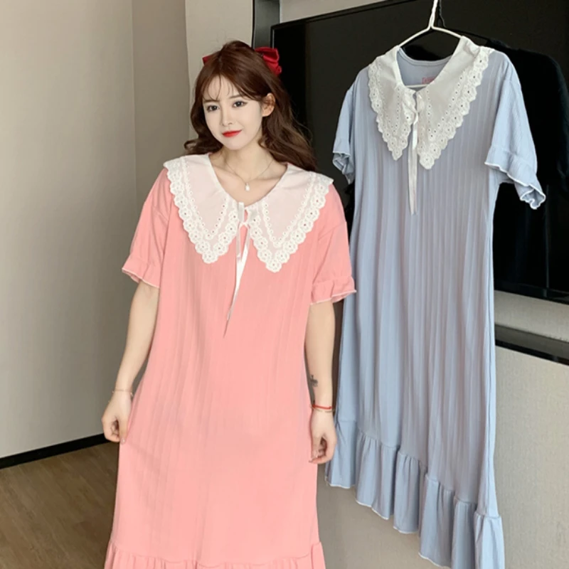 Women Nightgowns Sweet Loose Hollow Out Bow Thin Lovely Pure Summer Peter Pan Collar Trendy Sleepwear Princess Ulzzang Female