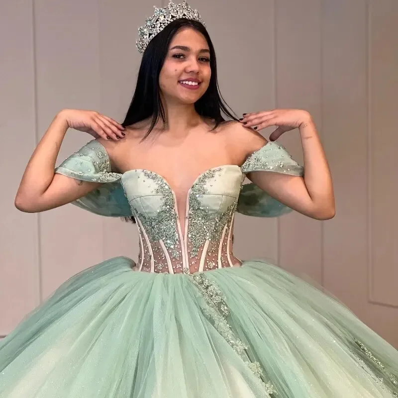 Angelsbridep Customized Sage Green Ball Gowns 15 Year Old Quinceanera Dresses 2025 Cap Sleeves Appliques Vestidos De 15 Años