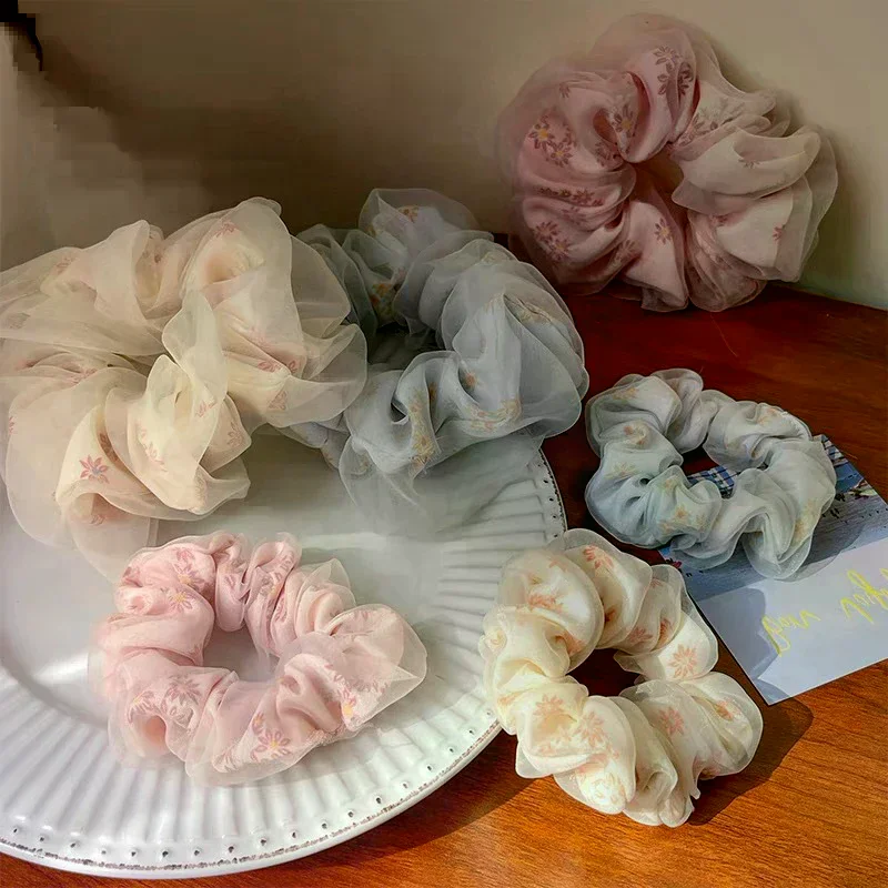 Double Layer Silk Organza Scrunchies Sweet Flower Hair Band For Girls Ponytail Holder Rubber Bands Hair Ties Hair Accessories