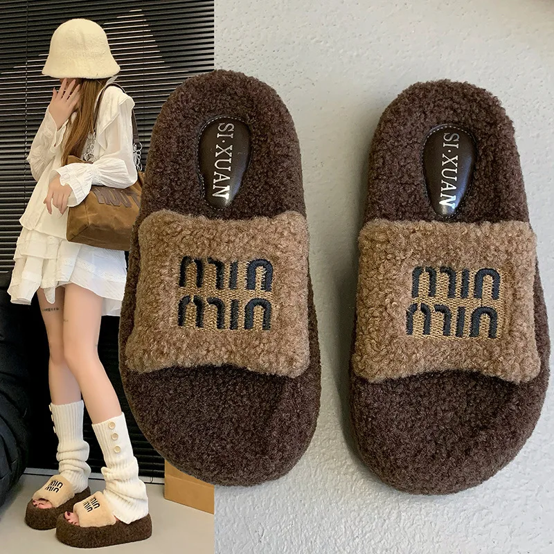 

Women Fur Slippers Thick Soled Woolen Slippers For Outdoor Wear 2024 Autumn And Winter Letters Lamb Wool Slippers