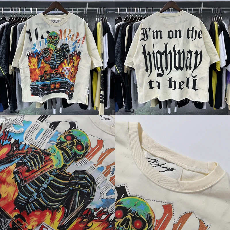 

Футболка в американском стиле хип-хоп, уличная одежда, с принтом черепа и автомобиля, стразами, короткий рукав