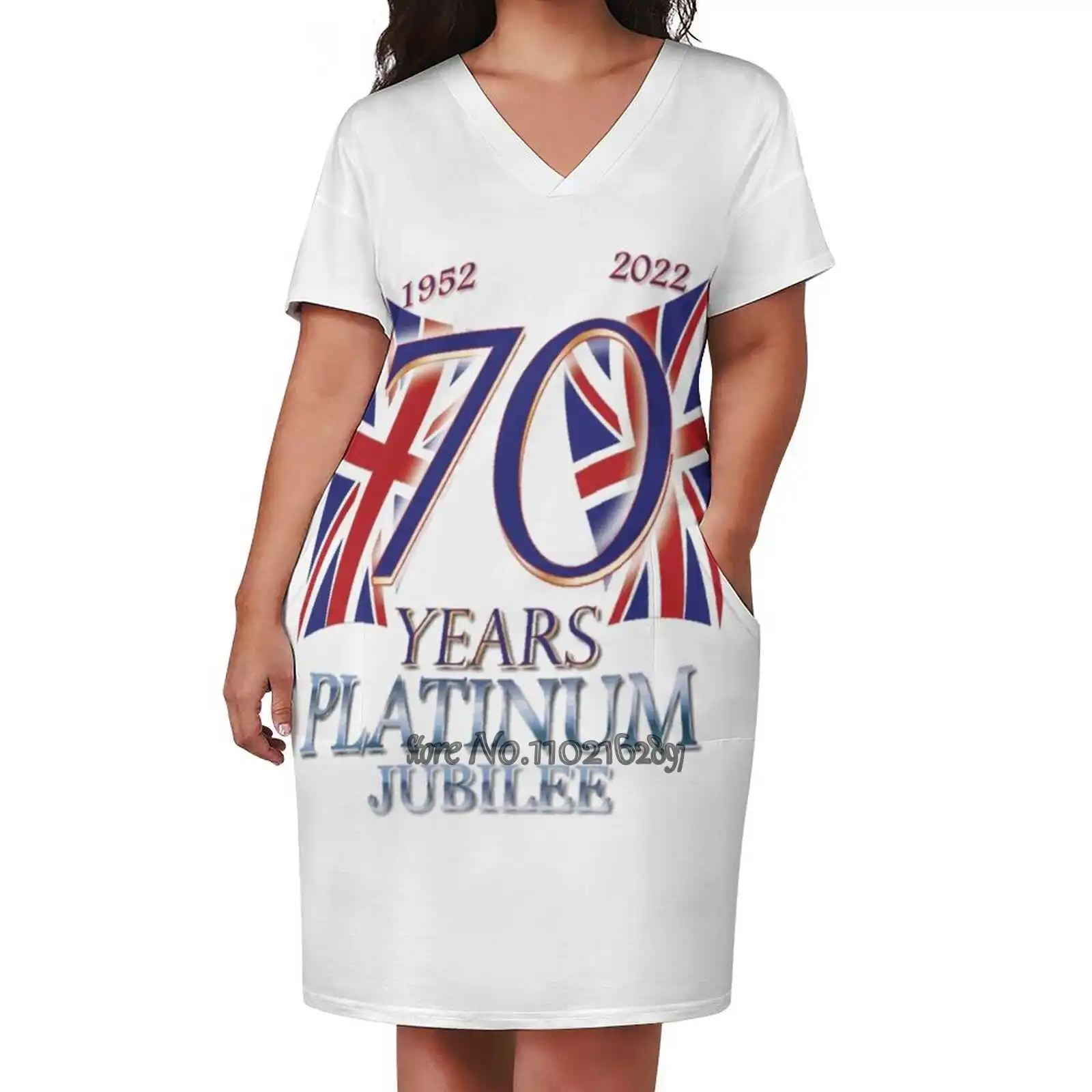 Platinum Jubilee - The Original Design Not Fake V-Neck Short Sleeve Dress A-Line Skirt Women'S Clothing Office Lady Elegant