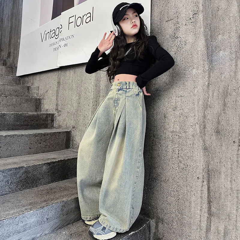 Kids Girls Jeans Spring Autumn 2024 Junior Children Westernized Street Wide Leg Pants Korean Versatile Long Trousers Clothes