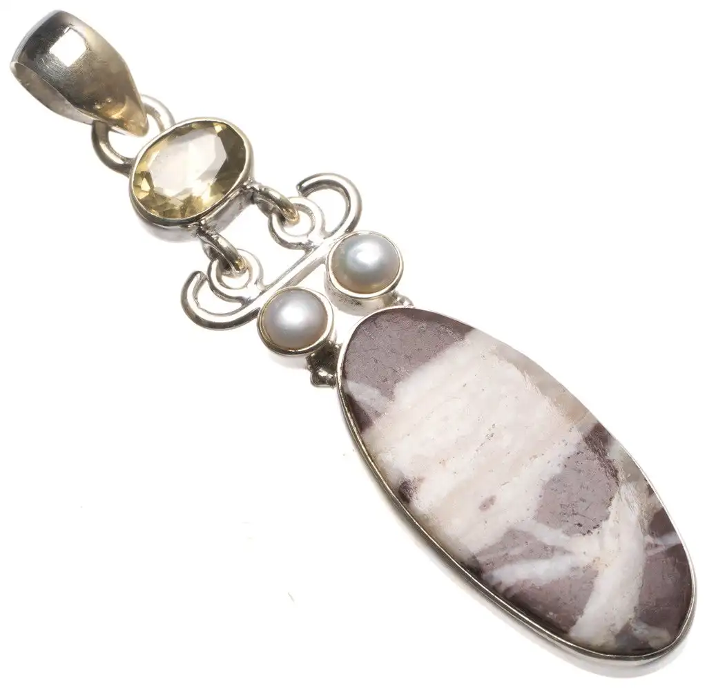 

StarGems Cobra Jasper,River Pearl and Citrine Handmade Indian 925 Sterling Silver Pendant 2 1/4" T2332