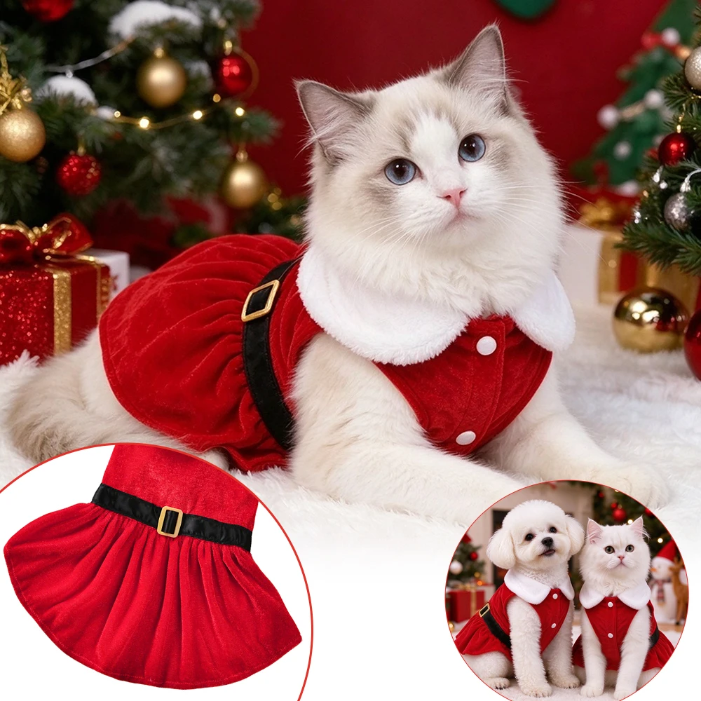 Cute Christmas Pet Cat Clothes Red Velvet Dress Festive Santa Outfit for Cats Kitten Puppy New Year Holiday Costume Photo Props