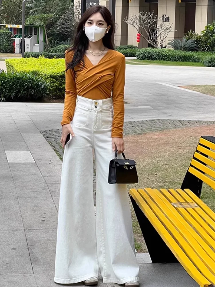 

High Waist Wide Leg Straight Cut Jeans Women's Spring New Style Versatile Slimming Long Trousers Double Button White Denim