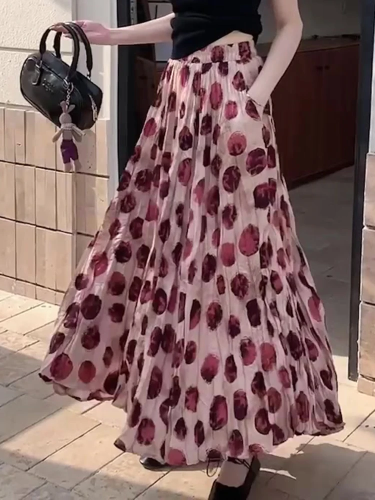 

Летняя плиссированная шифоновая длинная юбка в горошек с цветочным принтом для женщин, новая модная пляжная ретро простая юбка-зонтик с высокой талией S29