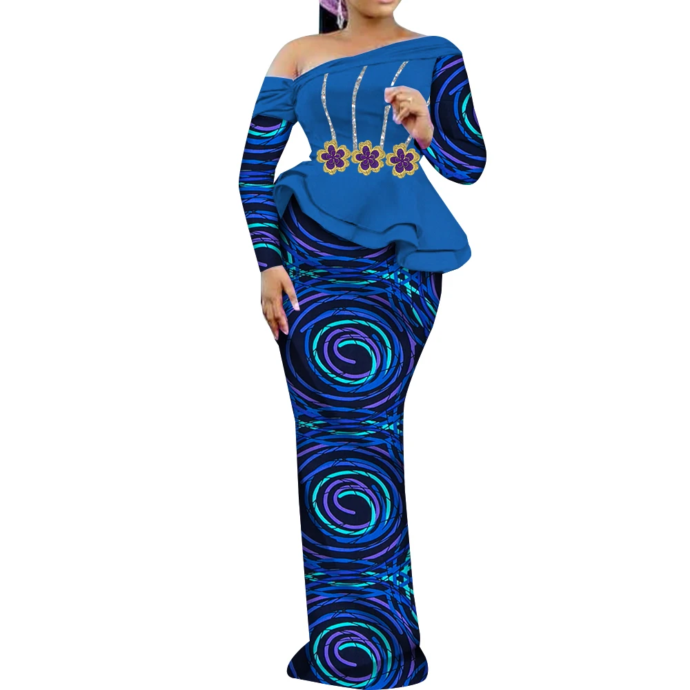 2 Pcs Sets Tops and Skirt Sets for Women Long Sleeve Women Skirt Set Dashiki Bazin Riche Party African Women Clothing wy9906