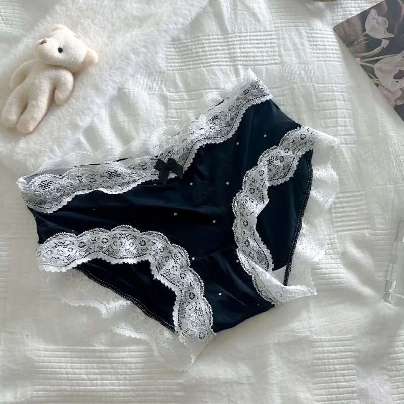 SP & CITY ฤดูร้อน Vintage Dots ลูกไม้หวานกางเกงผู้หญิงกลางเอวผ้าฝ้ายผ้าไหมน้ําแข็ง Breathable ชุดชั้นในกางเกงไม่มีรอยต่อ