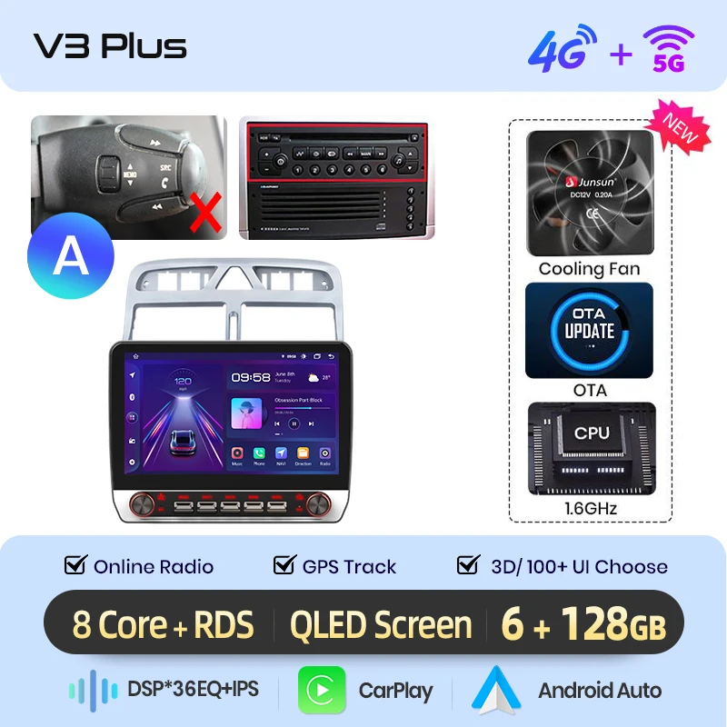 Junsun 13.1″ QLED Draadloze CarPlay Android Auto Autoradio Voor Peugeot 307 CC SW 2002-2013 Intelligente Systemen DSP SWC RDS GPS FM