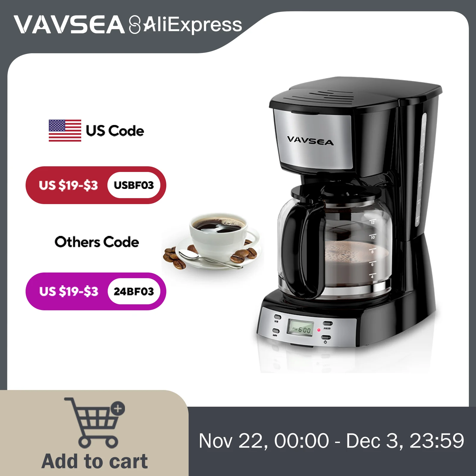 VAVSEA Cafetera programable de 12 tazas, cafetera de goteo de 900 W con jarra de vidrio, apagado automático, para el hogar, color negro