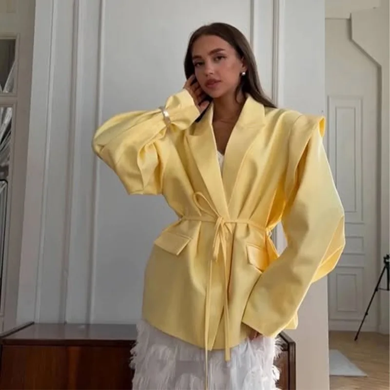 

Solid Lapel Blazer Jacket For Women Oversize Notched Single Breasted Shoulder Pads Jackets 2025 Office Lady Long Sleeve Tops