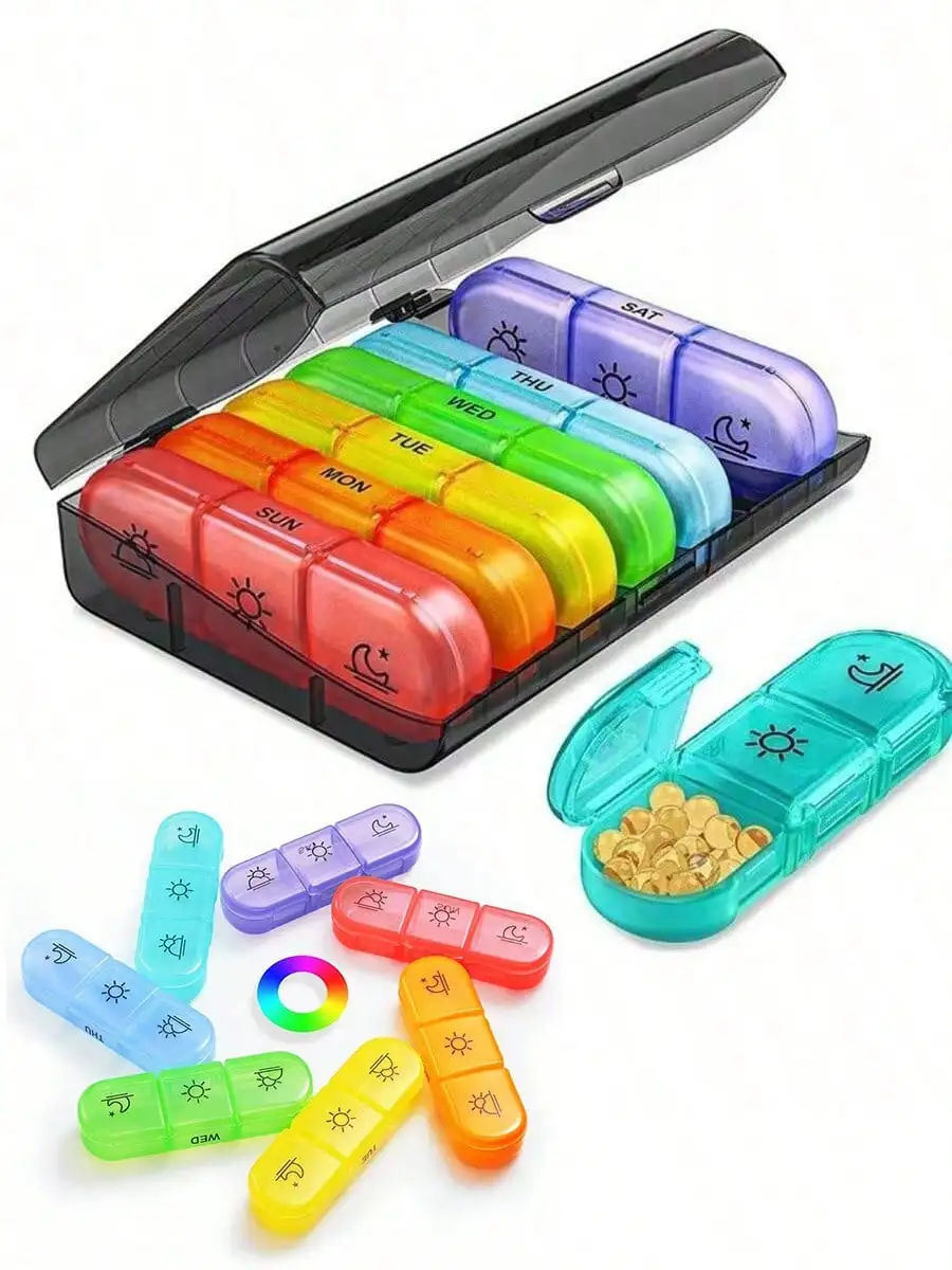 Wöchentlicher Pillenorganizer für 3 Mal Täglich, 7-Tage-Regenbogen-Pillenbox, Tragbare Reise-Pillendose für Vitamine, Fischöl und Nahrungsergänzungsmittel