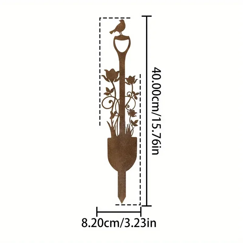 Rustic Metal Garden Shovel, Bird and Flower Stake, Heart-Shaped Design, Perfect for Use on Patios, Balconies, and Garden Decorations, 1 Piece