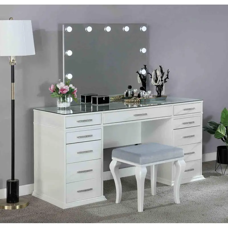 

Glam 1pc Vanity Set with Padded Stool, 8mm Glass Top, Storage Drawers, LED Mirror, Luminous White Finish for Bedroom Furniture