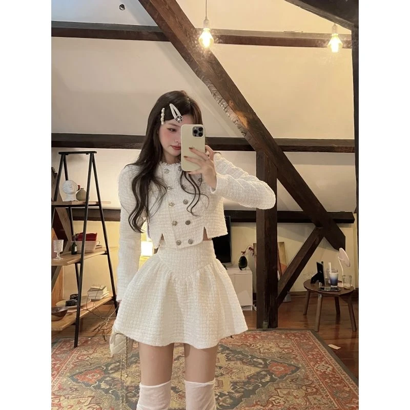 

Insozkdg 2025 Autumn New Cream Thick Woolen High-end Elegant Lady Short Coat Skirt Suits Women Female Office Lady Two-piece Set