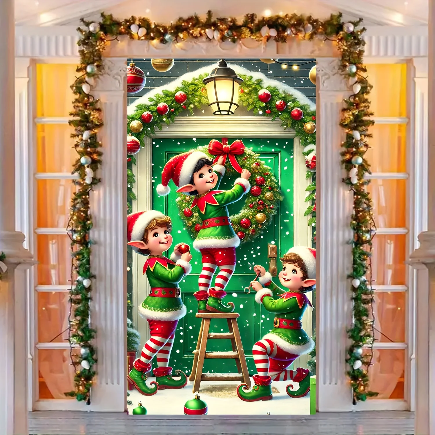 Christmas Elves Wreath Door Cover - 35.4x70.8in, Versatile Holiday Decor for Entryway & Room