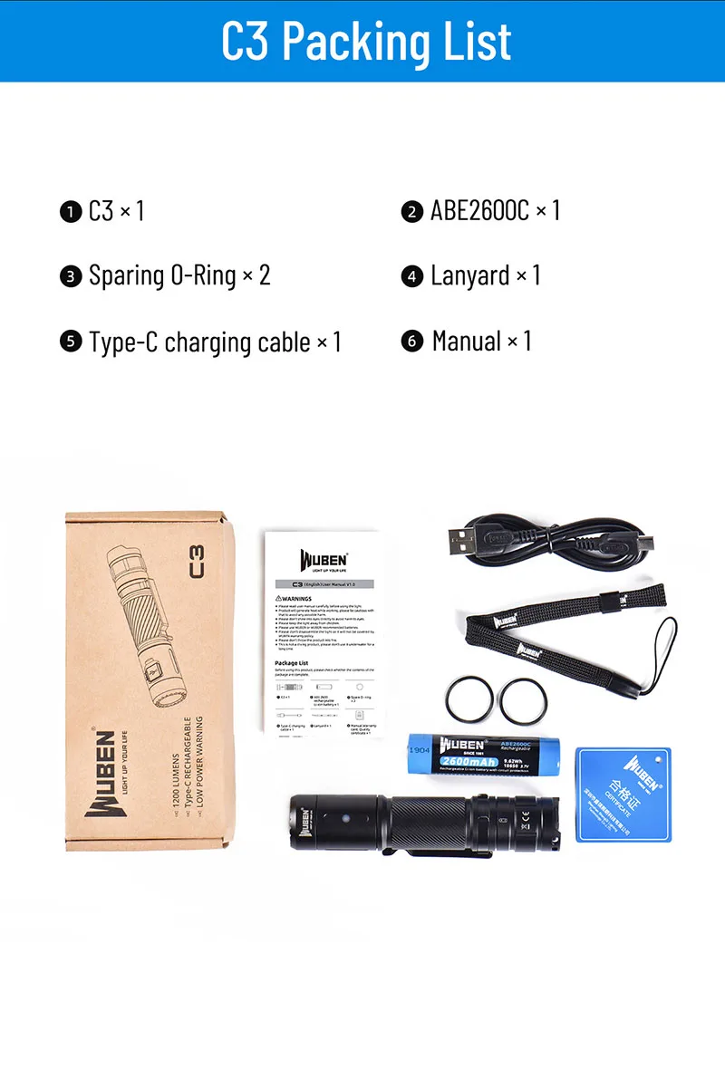 WUBEN C3 Tragbare Outdoor-Taschenlampe, 1200 Lumen, Typ C, wiederaufladbar, EDC, wasserdicht, mit 18650-Akku, für Camping, Jagd – Detail 13
