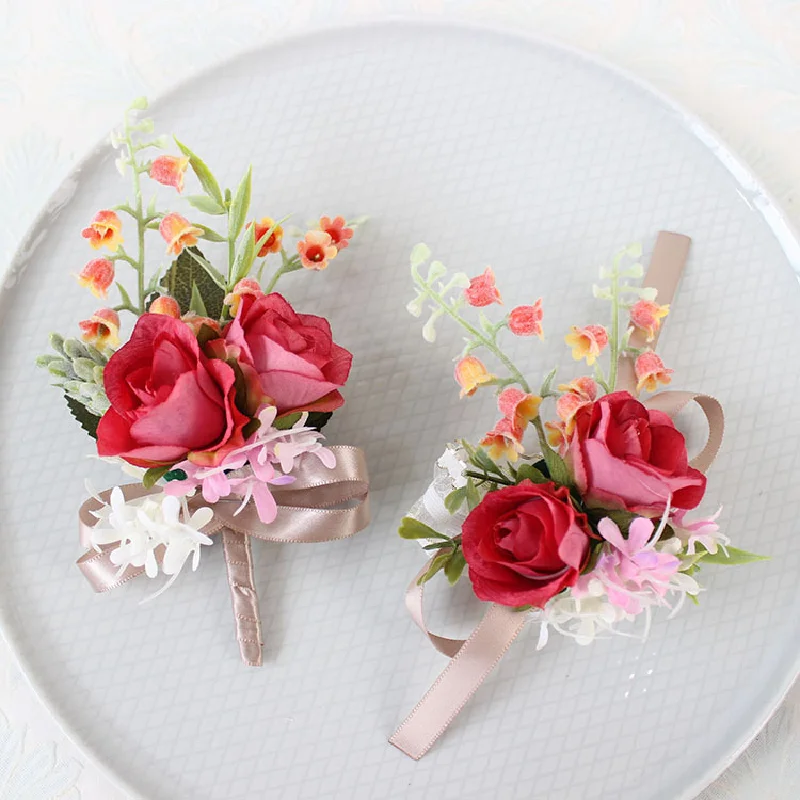 Boutonniere e pulso Corsag para noiva e noivo, flor de mão do busto para hóspede, flor de lapela, série europeia e americana