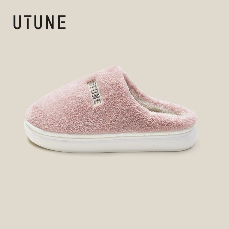 UTUNE women's winter short plush slippers indoor home pvc sandals men's simple soft slide Couple embroidery flat cotton mop