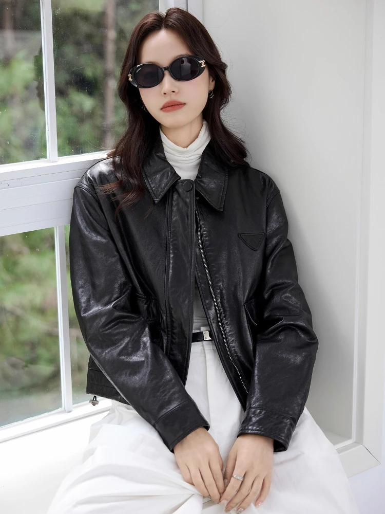 Chaqueta corta informal de cuero genuino para motocicleta para mujer primavera otoño 2025 nuevo abrigo de piel de oveja auténtica con cera de aceite suave Simple de gama alta
