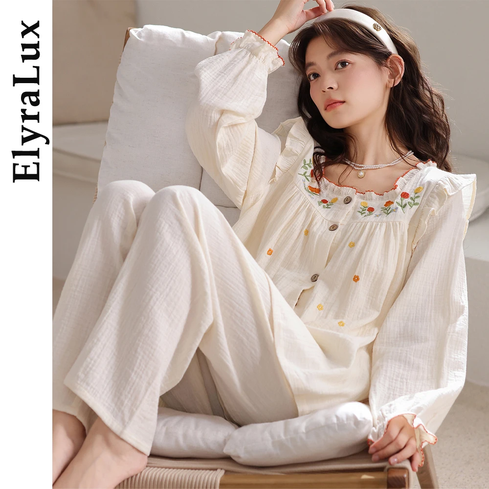 

ElyraLux Women’s Embroidered Pajama Set Winter Autumn Long Sleeve Homewear Two Piece Loungewear Japanese Retro Style Sleepwear