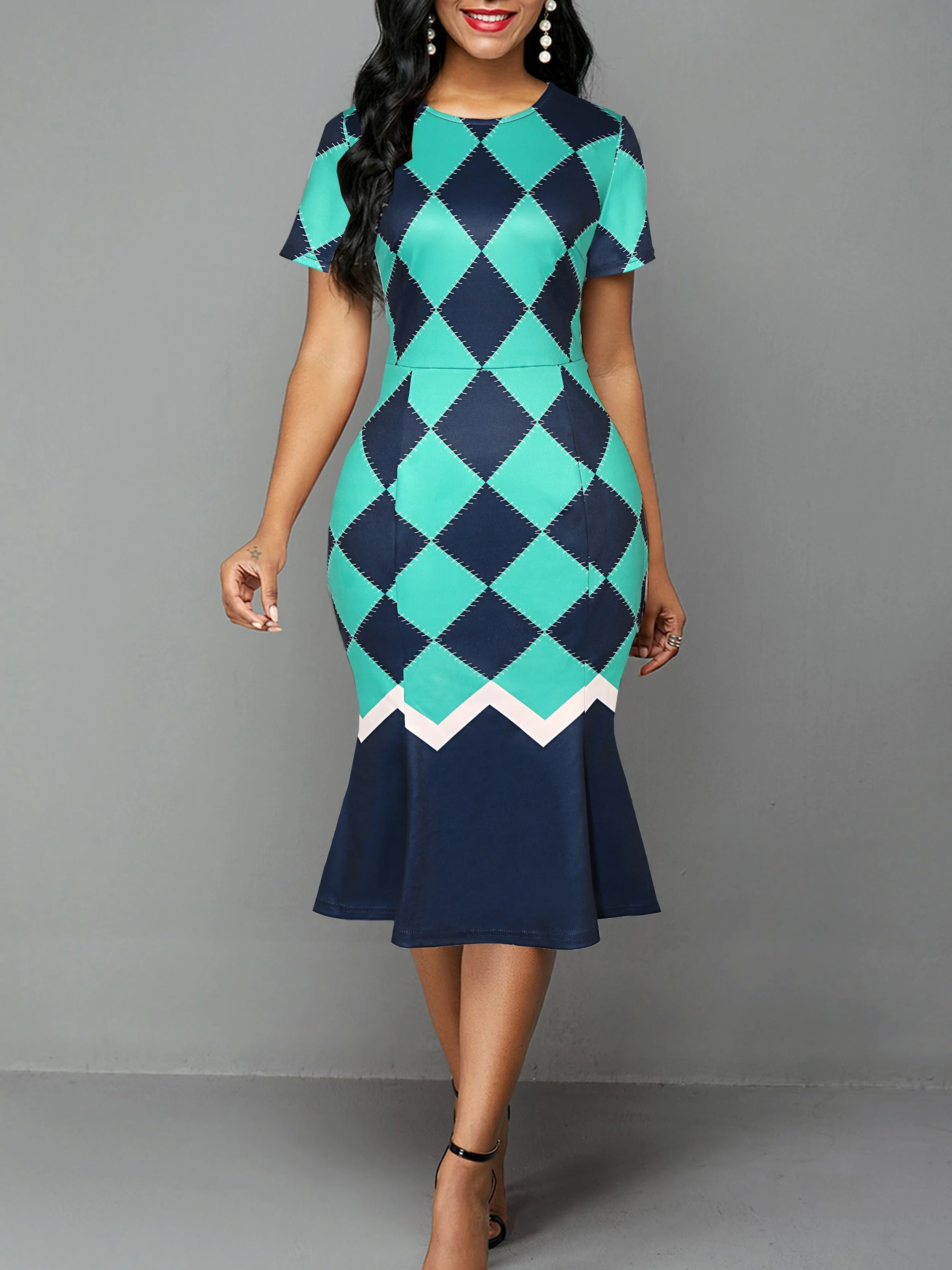 Damen Geometrie-Print Rundhals Meerjungfrauenkleid für Büro und Arbeit, knielang, Kurzarm, Business Casual Party Bleistift Bodycon Etuikleid