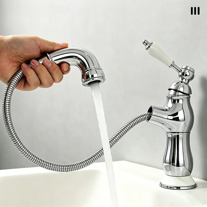 Retro brass pull-out faucet with single-hole cold and hot water spout