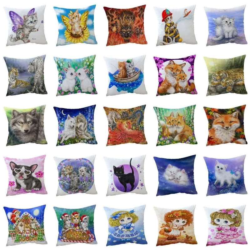 Peach skin polyester Cushion Covers 45X45CM Wildlife Animals Wolf Fox Tiger Christmas Cats and Girls