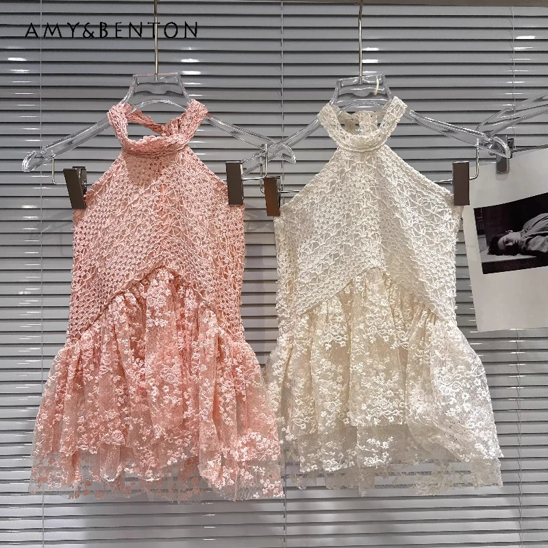 

2026 Summer New Sweet Temperament Women's Vest French Design Solid Color Lace Hollow Out Grid Hem Skirts Halter Vests Ladies