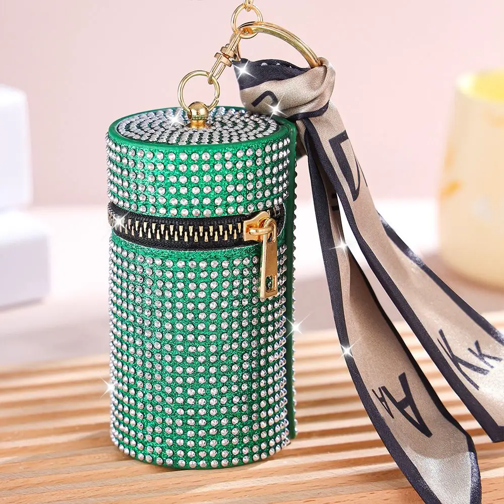 Fashion with Silk Scarf Rhinestone Lipstick Bag Gifts Cylindrical Bucket Wallet Keychain Bag Accessories Bag Hanging Decoration