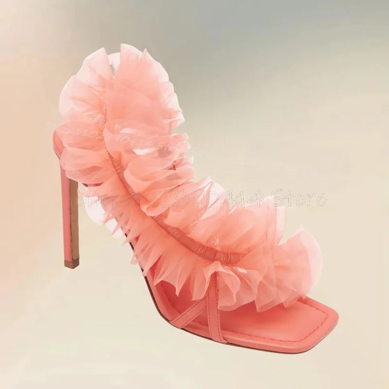 Dusty Pink Mesh Falbala Design Open Toe Sandals Slip On Women Shoes Thin High Heels Novel Party Runway 2025 Zapatos Para Mujere