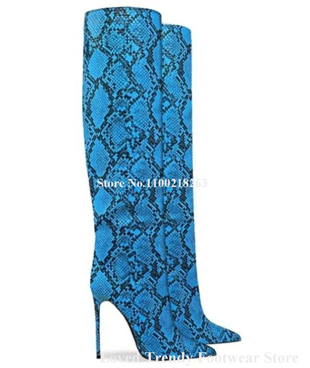 Pink Blue Green Snakeskin Pattern Leather Thin Heel Knee High Boots Sexy Pointed Toe Slip-on Stiletto Heel Long Boots Big Size