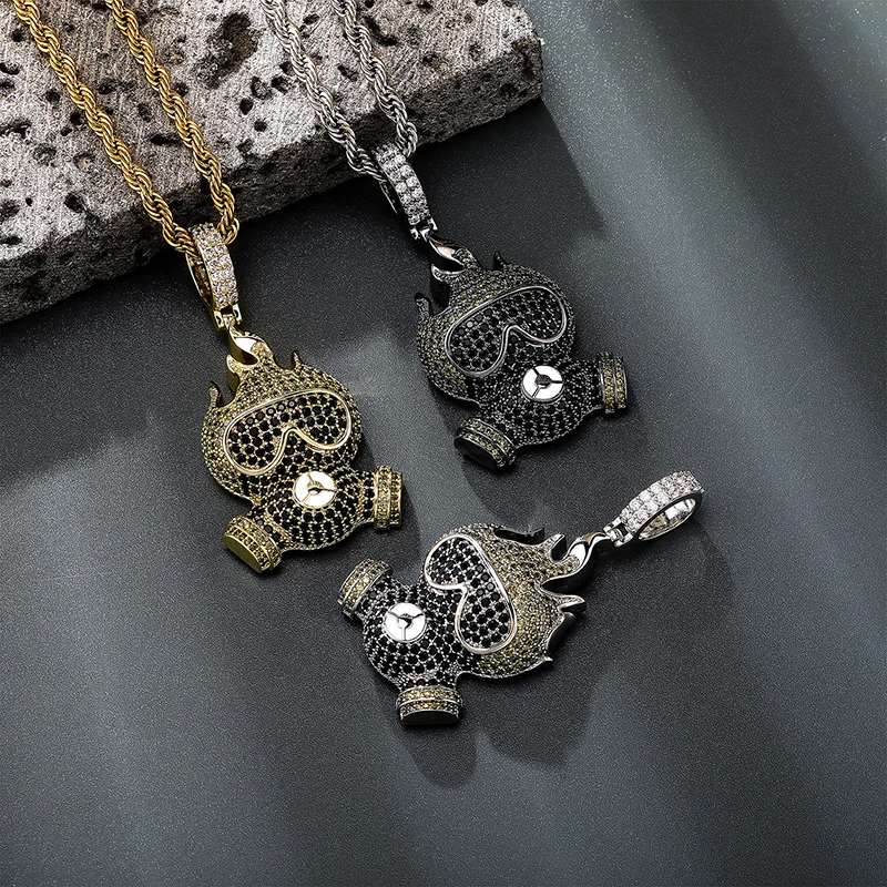 Hip Hop 3A+ CZ Stone Paved Bling Iced Out Diving Mask Pendants Necklaces for Men Rapper Jewelry Gold Silver Color Gift