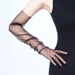 Women Long Ultra Thin Gloves Tulle Elbow Wedding Party Bride Dress Mittens Sheer Transparent Vintage Black White Mesh Glove