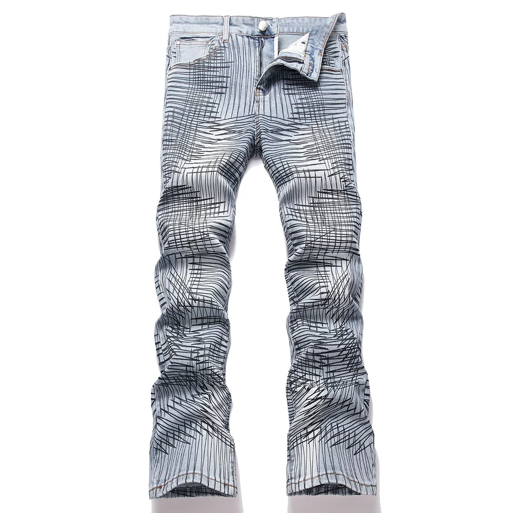 

Men's Slim Boot Cut Jeans Stripe Lines Abstract Pattern Print Flared Pants Streetwear Blue Stretch Denim Trousers