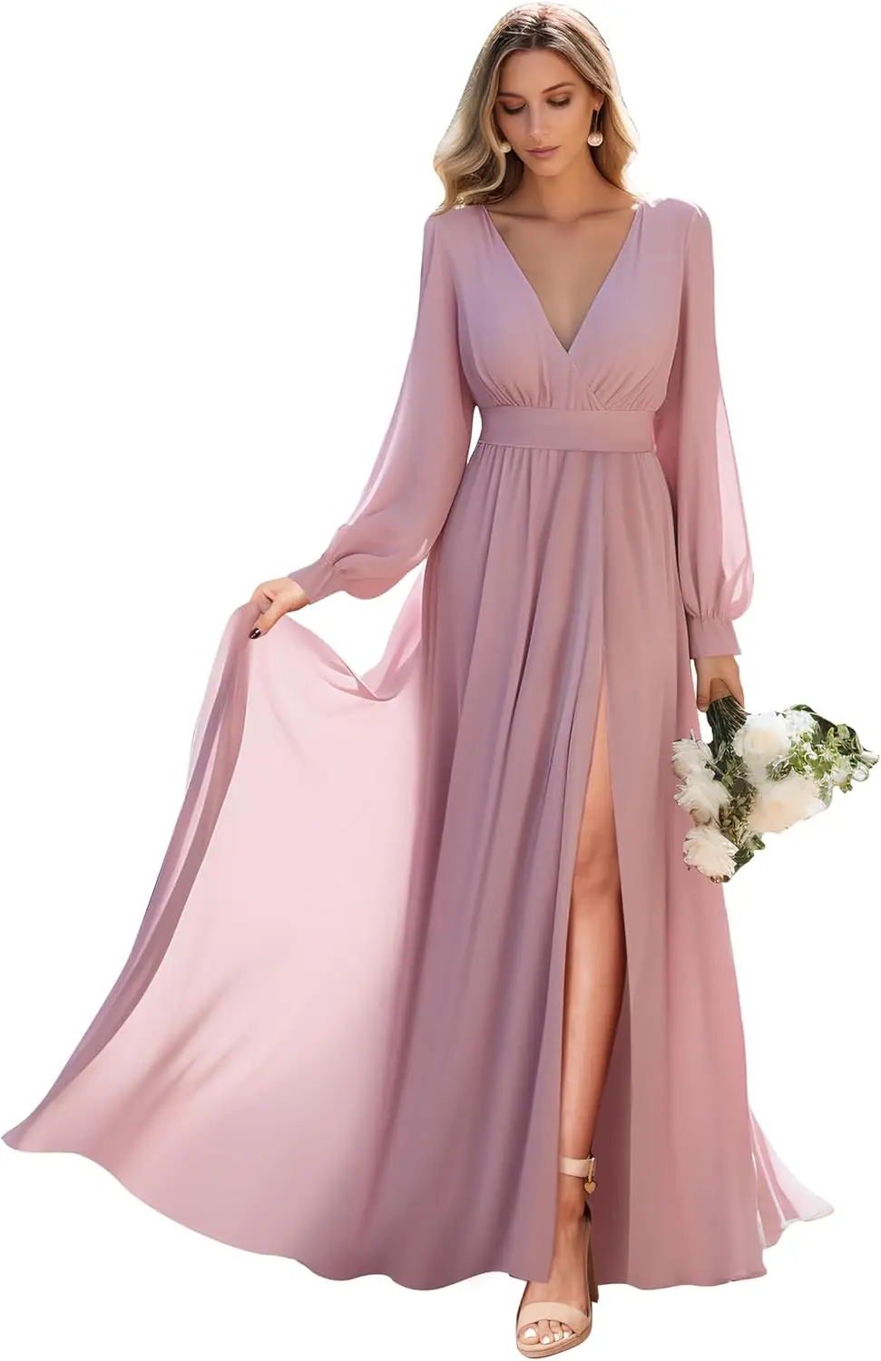 Abiti da damigella d'onore a maniche lunghe con abiti da festa di nozze pieghettati con spacco Abito da sera lungo in chiffon con scollo a V