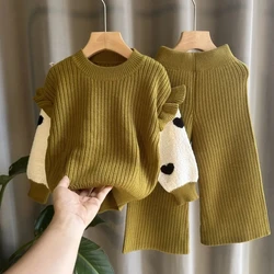 Autumn Winter Children's Sweater Set New Girl Baby Sweater Wide Leg Pants 2-piece Set Knitted Shirt Fashionable 2-piece Set