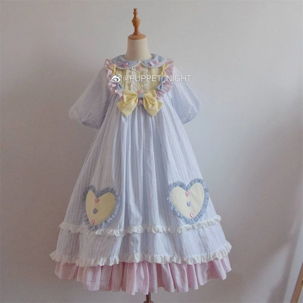 Cute Girls Sweet Princess Button Bowknot Cosplay Lolita Dress Puff Sleeve Pearl Peter Pan Collar Kawaii Woman Ruffle Lolita Op