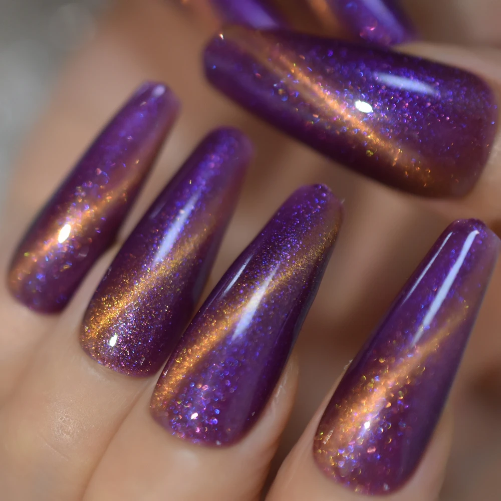 Shiny Bling Sky Purple Cat Eyes Press on False Nails Extra Long Ballerina Coffin Fake UV Full Cover Fingersnails Extention Tool