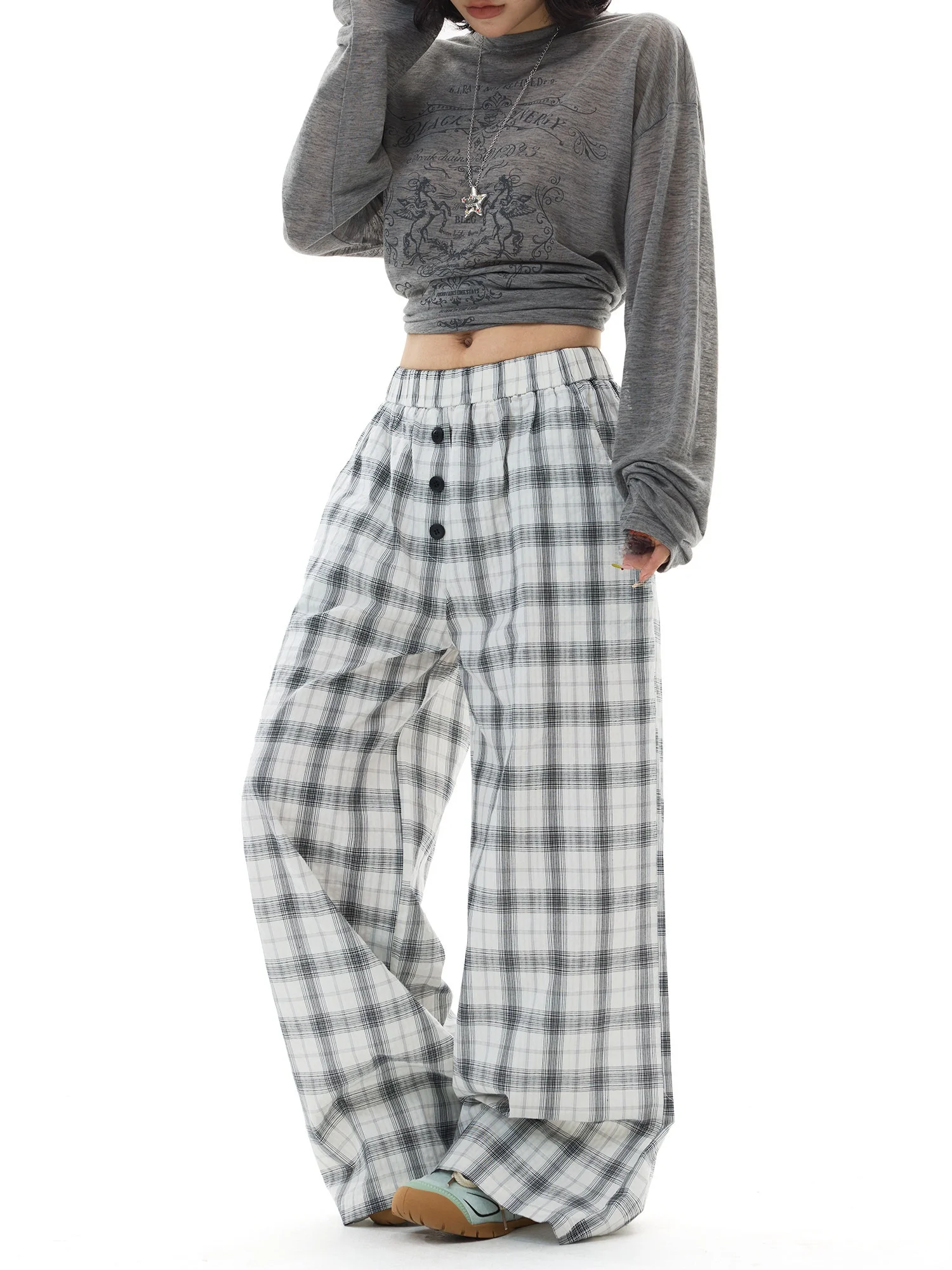 

Summer Slimming Wide Leg Plaid Casual Pants Men's Lazy Style Loose Drape Thin Floor-Length Trousers Polyester Fiber Natural W...