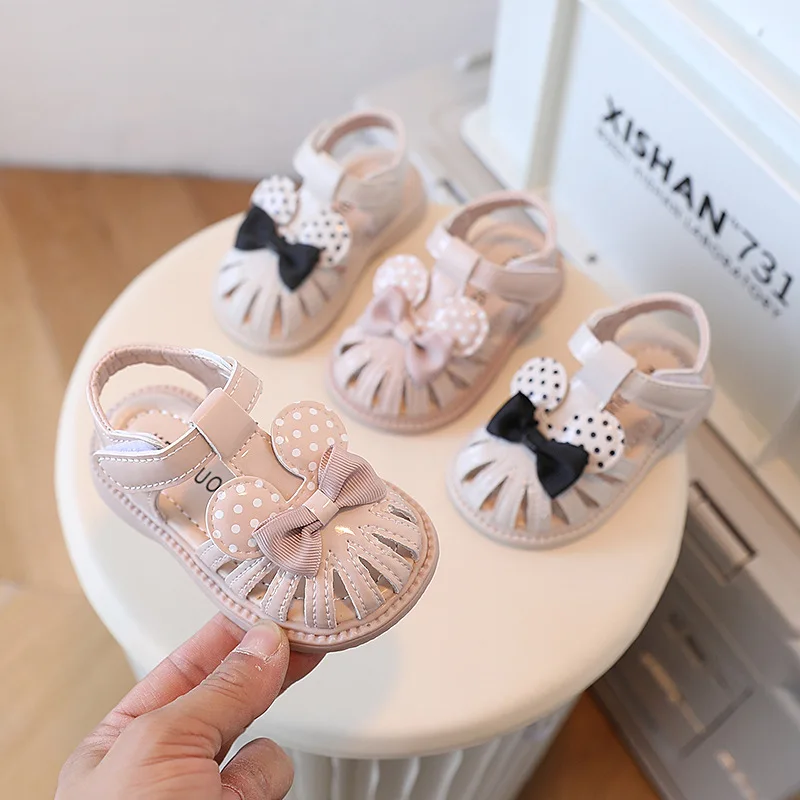 Zapatos para bebé niña, sandalias con lunares y lazo, zapatos de princesa para primeros pasos de fondo suave de verano