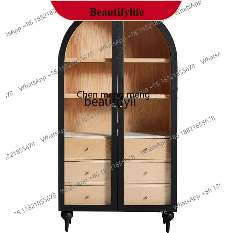 

D178 Retro Black Arched Double Door Solid Wood Bookcase American Color Matching Glass Storage Cabinet Sideboard Cabinet
