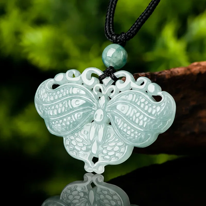 Natural A-grade Jade Blue Water Butterfly Pendant Necklace with Double Sided Hand Carved Glutinous Jade for Women's Jade Ware