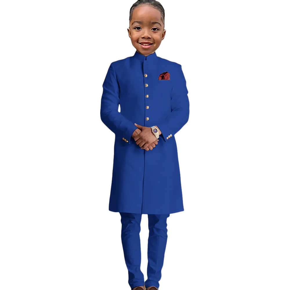 

African Style Boys Suit 2 Piece Single Breasted Jacket Pants Royal Blue Wedding Kids Tuxedo Formal Party Dress