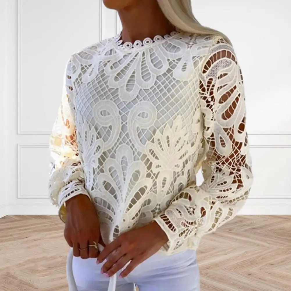 Long Sleeve Top Elegant Long Sleeve Lace Top Elegant Lace Hollow Out Long Sleeve Women's Top Soft Round Neck for Spring