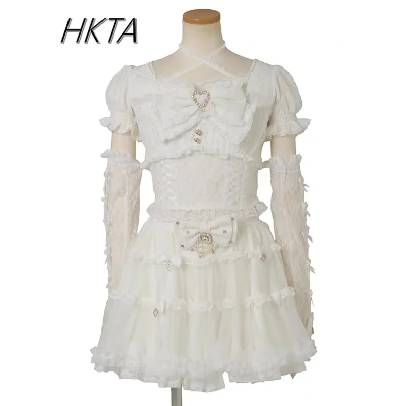 DY20Japanese Sweet Heavy Industry Splicing Sleeve Strap Lace Bow Lace Shirt Summer Autumn New Elastic Slim Long-sleeve Tshirt To