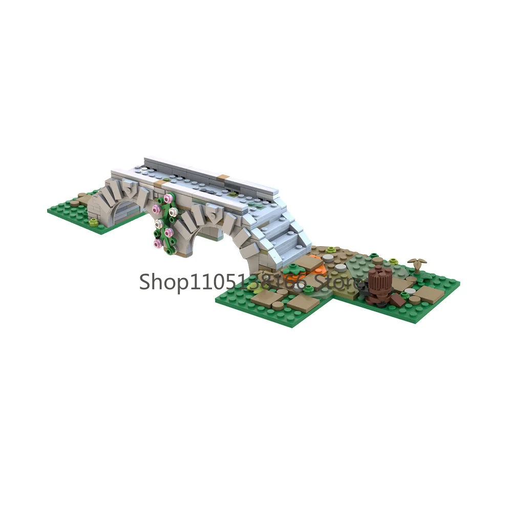 

MOC Rustic Stone Arch Bridge Bricks - Floral Vine & Riverbank Design, Medieval Display Model